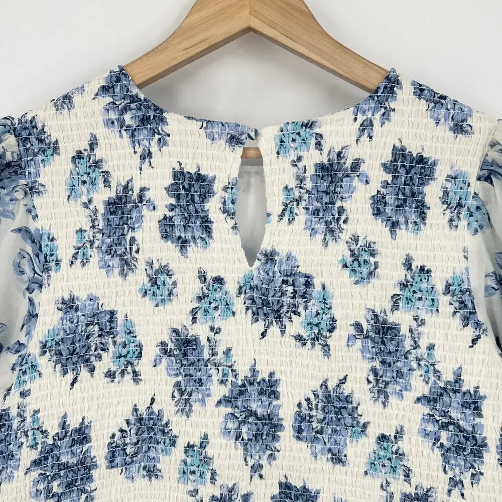 Ivy City Co Odette Blouse Floral Short Puff Sleeve Crew Neck Smocked Top Cotton